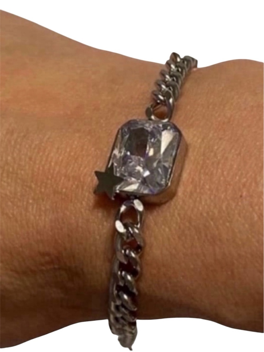Vintage Silver Chain Bracelet with Clear Rectangular Crystal and Star Accent